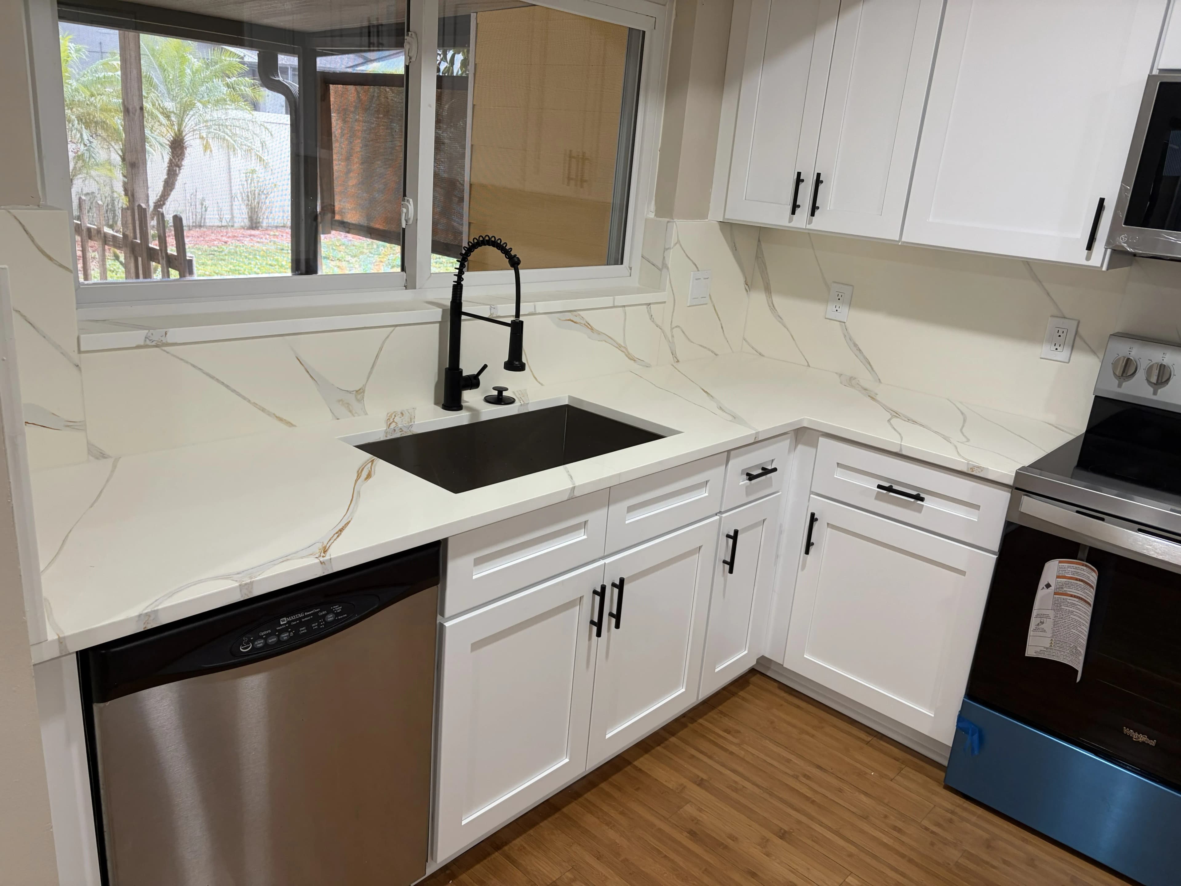 White quartz kitchen countertop
